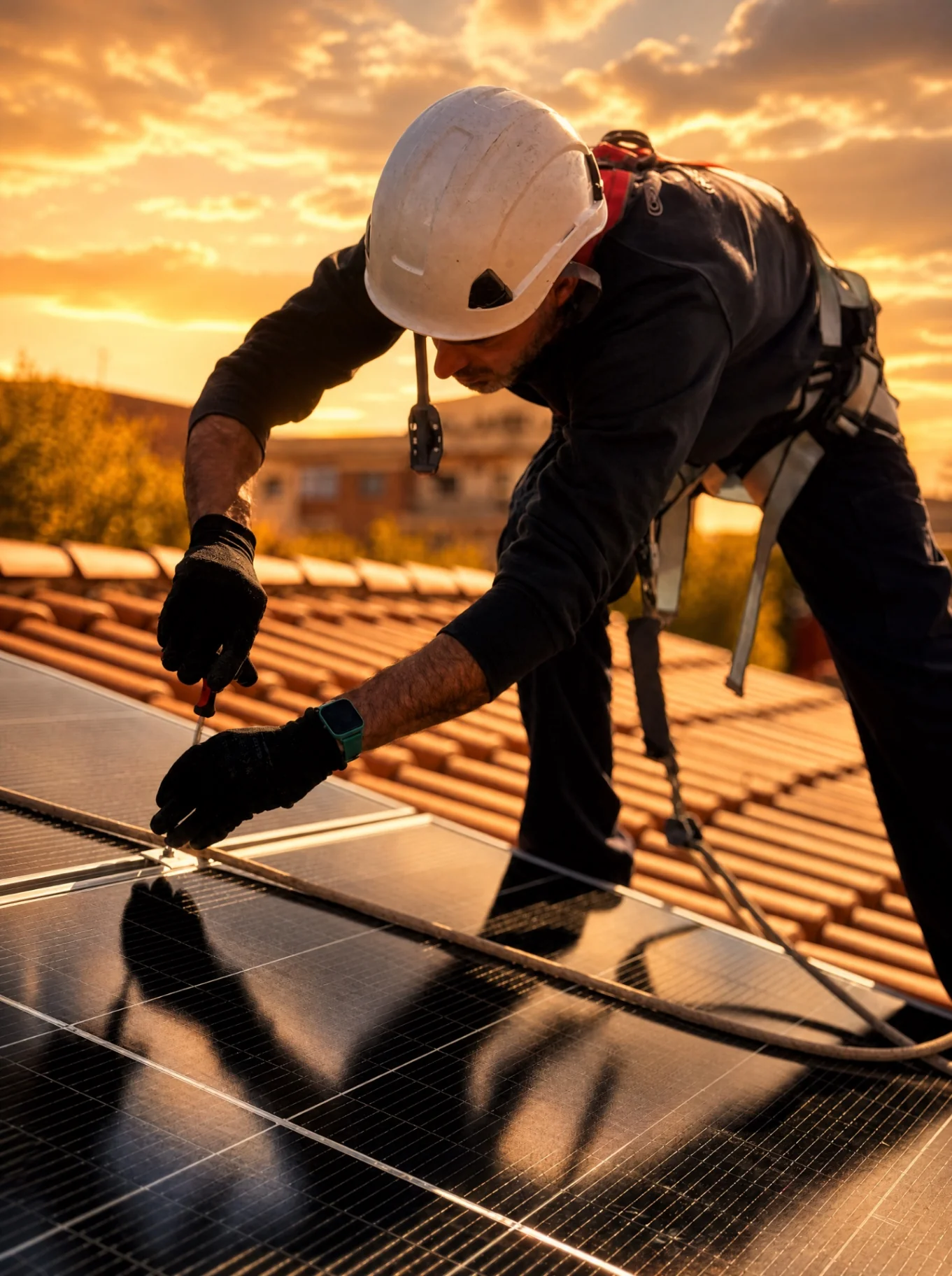 Técnico de CED instalando placas solares en tejado al atardecer