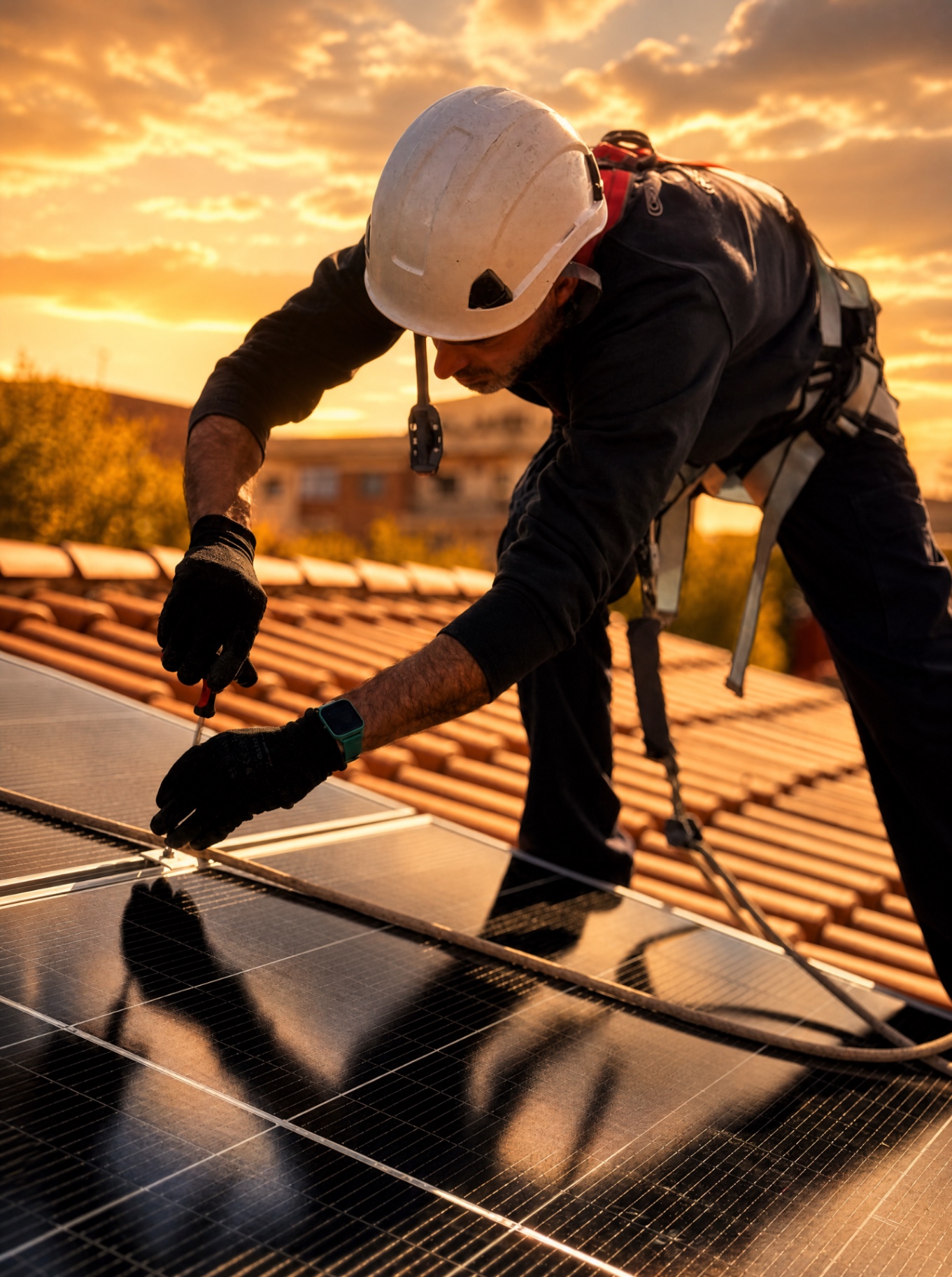 Técnico de CED instalando placas solares en tejado al atardecer