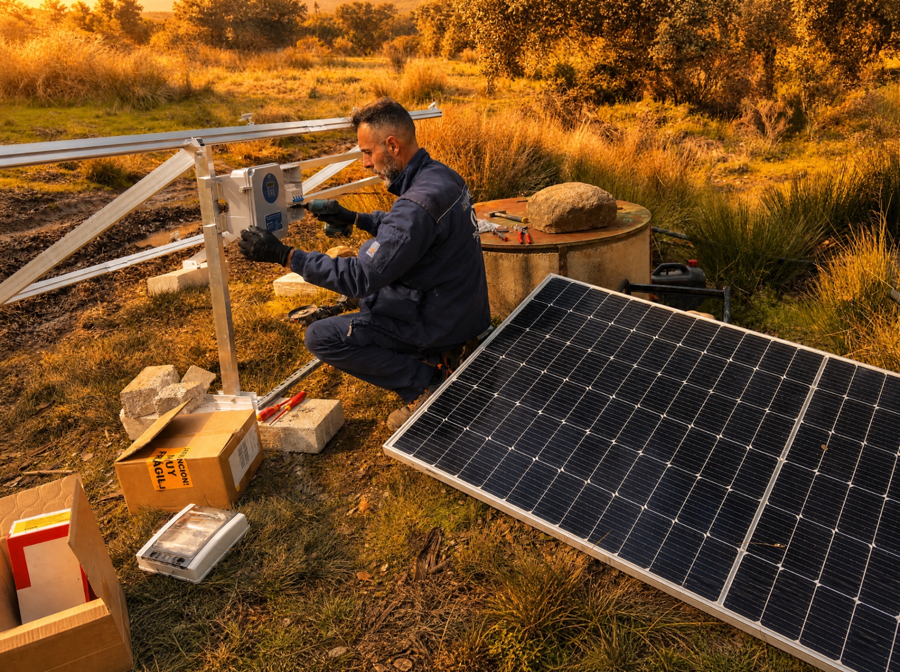 Técnico de CED instalando equipo de bombeo solar junto a pozo