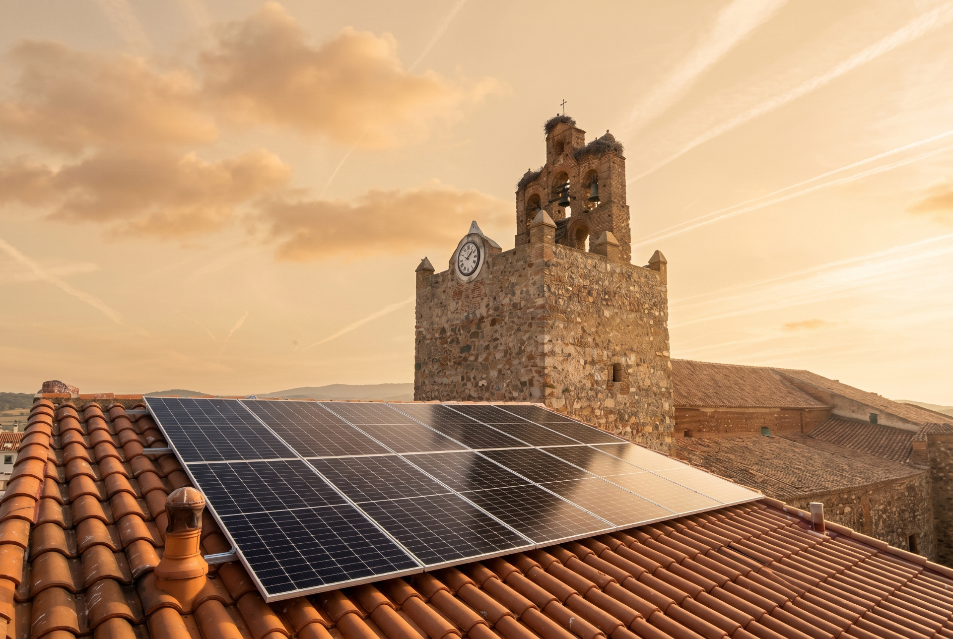 Instalación fotovoltaica en tejado histórico con torre de iglesia al fondo