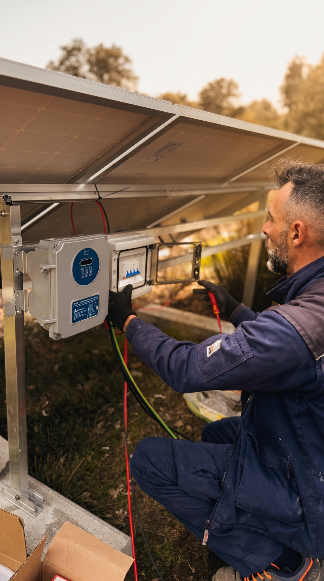 Operario de CED conectando variador de bombeo solar FTS bajo placas