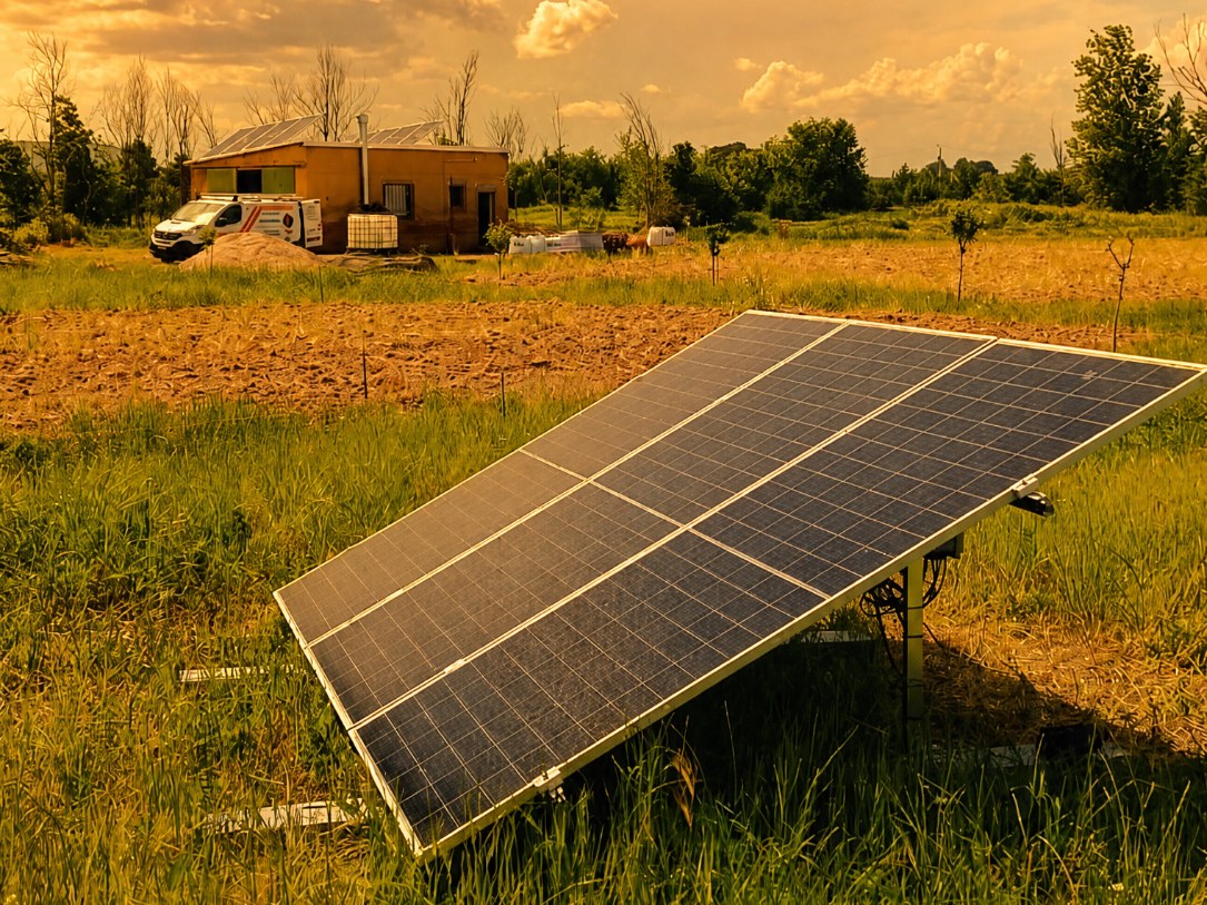 Instalación de bombeo solar en finca rural al atardecer por CED
