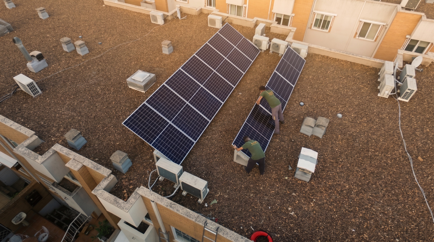 Instalación fotovoltaica en cubierta plana — vista drone