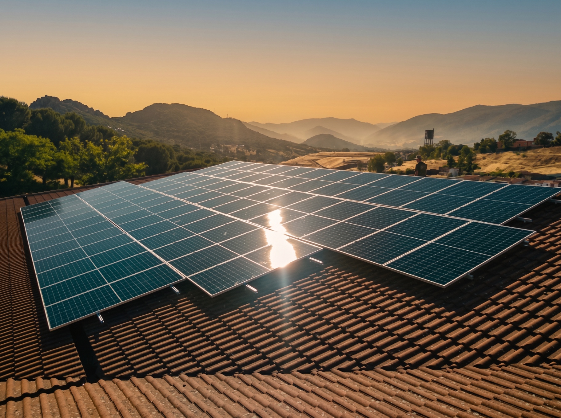 Instalación fotovoltaica al atardecer con vistas a la sierra